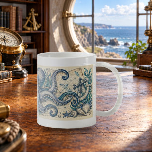 Tasse mit neugierigem Oktopus in mariner Gravur