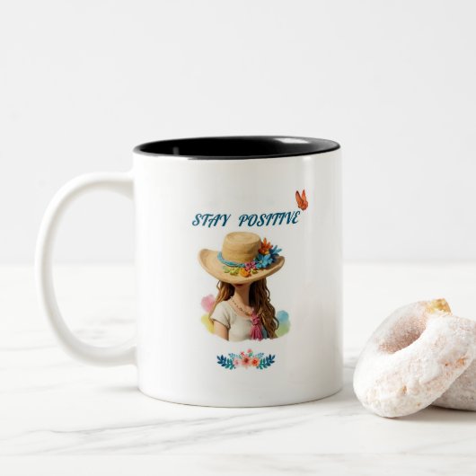 Tasse mit positiven Anführungszeichen bleibe . (Mit Donut)
