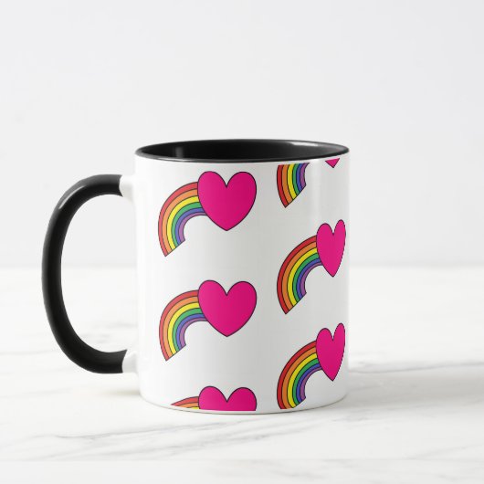 Tasse mit Regenbogen und heißen rosa Herzen (Links)