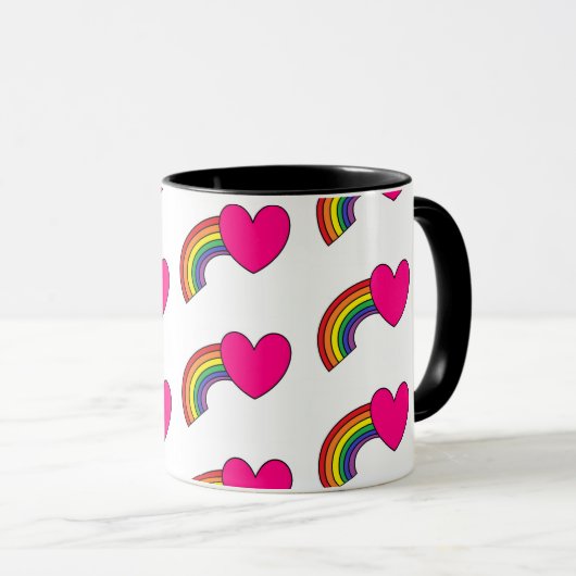 Tasse mit Regenbogen und heißen rosa Herzen (VorderseiteRechts)