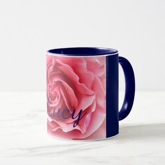Tasse mit rosa Rose mit blauer Ordnung (VorderseiteRechts)