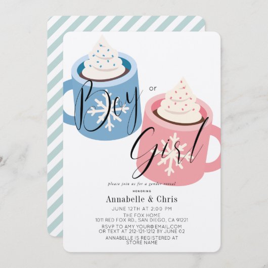 Tasse mit rosa und blauer Schokolade Geschlechtsve Einladung (Vorne/Hinten)