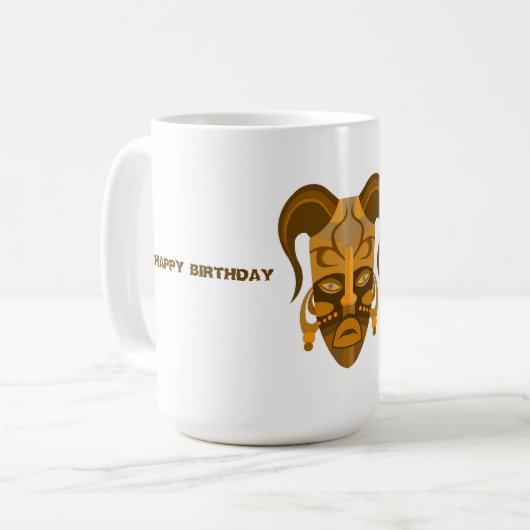 TASSE MIT STARKER MASKKUNST , GEBURTSTAG (Vorderseite Links)