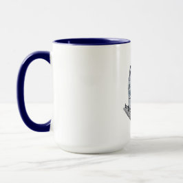 Tasse mit zeichn eines Skizzenhauses mit blauem Da