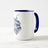 Tasse mit zeichn eines Skizzenhauses mit blauem Da (VorderseiteRechts)