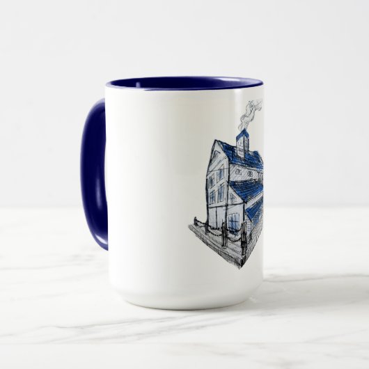 Tasse mit zeichn eines Skizzenhauses mit blauem Da (Vorderseite Links)