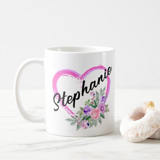 Tasse personalisiertes Blumenherz (Mit Donut)
