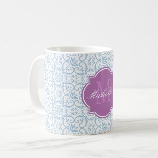 Tasse Placid Blue Damask Monogram (Vorderseite Links)