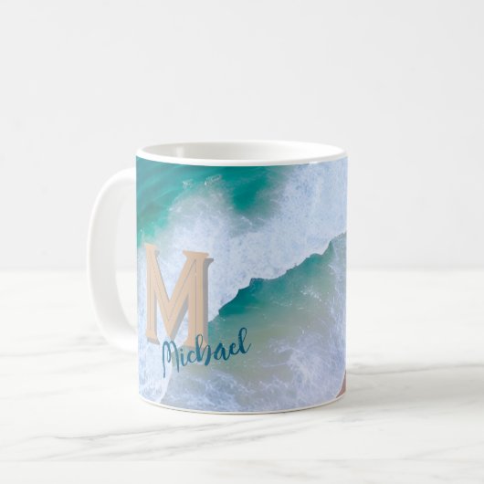 Tasse-Pokal-Surf-Design mit Monogramm-Geschenk Kaffeetasse (Vorderseite Links)