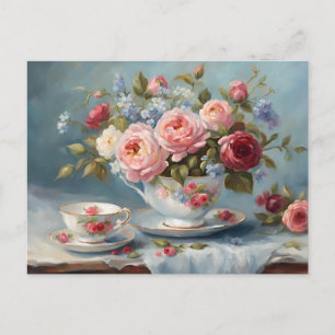 Tasse Tee mit schönen Blumen  Postkarte