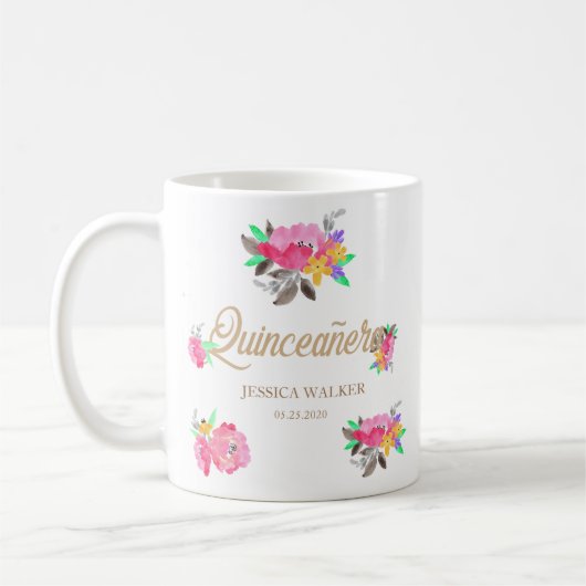 Tasse von Hot Pink und Goldfloral Quinceanera (Links)