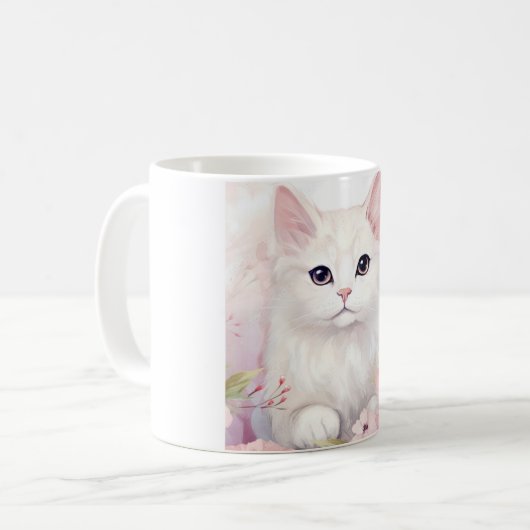 Tasse "White Kitty" und "Pink Blume" (Vorderseite Links)
