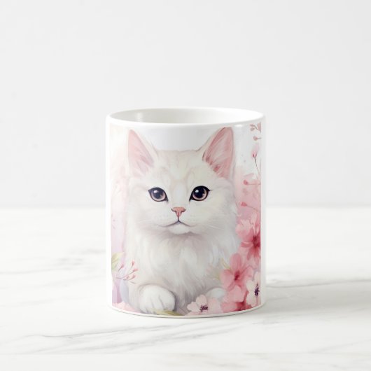Tasse "White Kitty" und "Pink Blume" (Mittel)