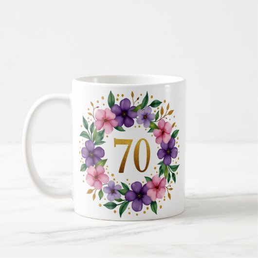 Tasse zum 70. Geburtstag - Blumenkranz mit Goldnum (Links)