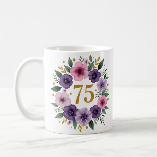 Tasse zum 75. Geburtstag - Blumenkranz mit Goldnum (Links)