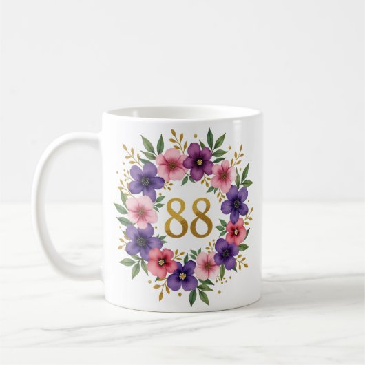 Tasse zum 88. Geburtstag - Blumenkranz mit Goldnum (Links)