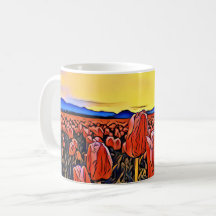 Tasse zum Zeichnen von roten Tulip-Feldern