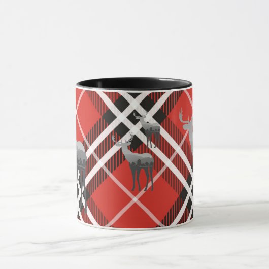 Tasse-Zwei Tone-Rot und Schwarz Kariert mit Hirsch Tasse (Zentrum)