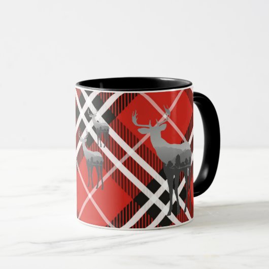 Tasse-Zwei Tone-Rot und Schwarz Kariert mit Hirsch Tasse (VorderseiteRechts)