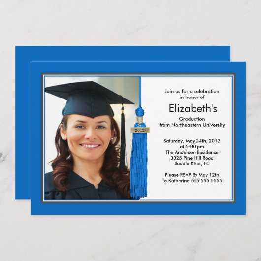 Tassel Foto Abschluss Einladung Blue & White (Vorne/Hinten)