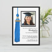 Tassel Foto Abschluss Einladung Blue & White (Stehend Vorderseite)