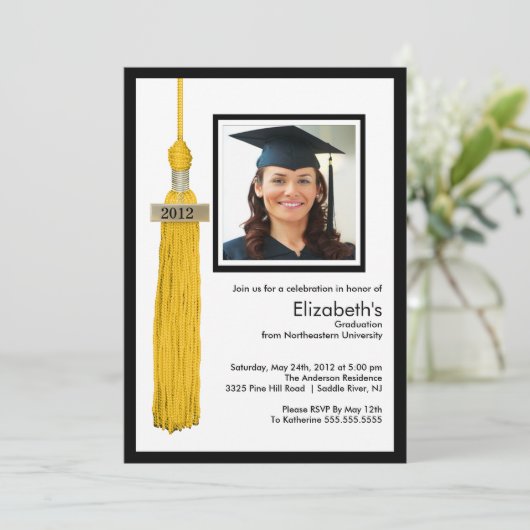 Tassel Foto Abschluss Einladung Gold & White (Stehend Vorderseite)
