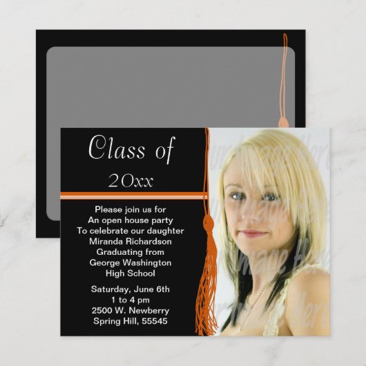 Tassel Foto Graduation Party Orange und Black Einladung (Vorne/Hinten)