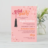 Tassel & Stars Pink Retro Script Grad Party Einladung (Stehend Vorderseite)