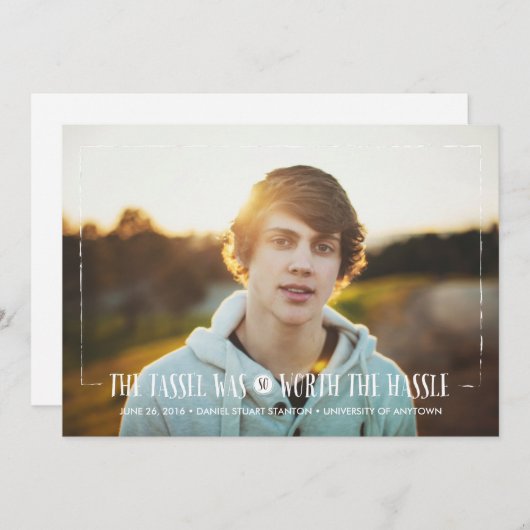 Tassel wert Hassle in White Grad Ankündigung (Vorne/Hinten)