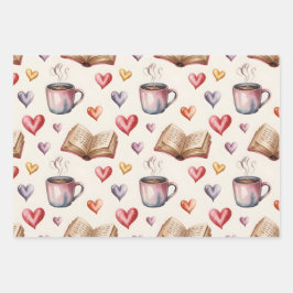 Tassen, Bücher und Herzen Valentinstag Geschenkpapier Set