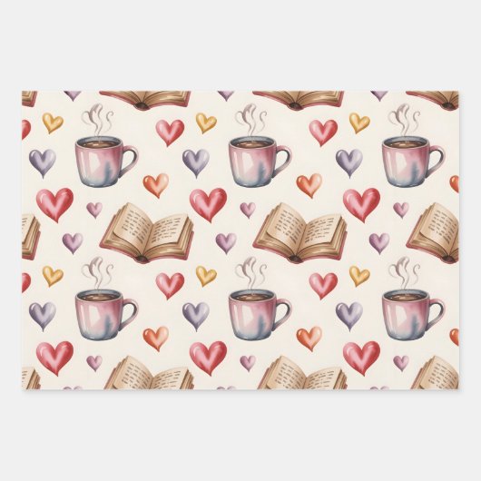Tassen, Bücher und Herzen Valentinstag Geschenkpapier Set (Vorderseite)