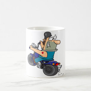 Tassen mit Cartoon-Mann auf einem Motorrad