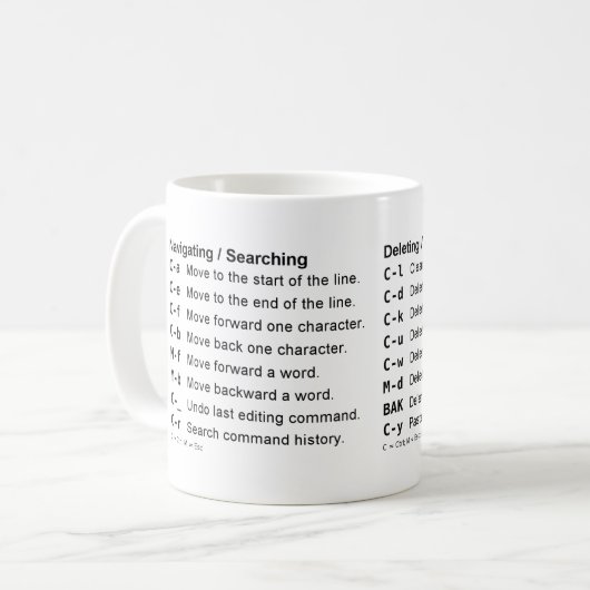 Tastenkombinationen für Bash/Readline-Tastatur Kaffeetasse (Vorderseite Links)