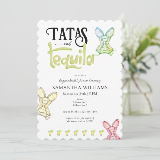 Tatas & Tequila Modernes Brautparty Fiesta Party Einladung (Stehend Vorderseite)