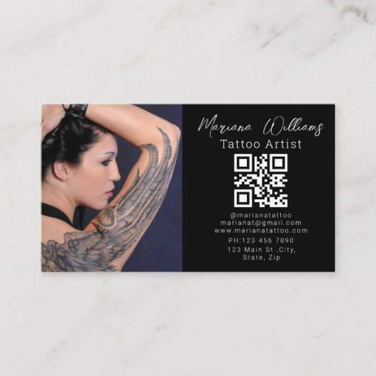 Tätowierer Foto QR-Code schwarz Visitenkarte (Vorderseite)