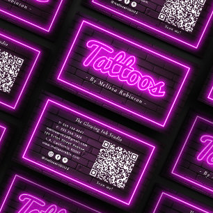 Tätowierer Lila Neon Schwarze Ziegelwand QR-Code Visitenkarte