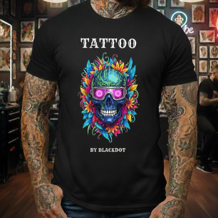 Tätowierer-Totenkopf-Sonnenbrille-Blumen-Tattoo-St T-Shirt