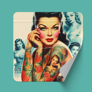 Tätowiermädchen im Retro-Stil Quadratischer Aufkleber
