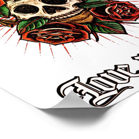 Tätowierskull und Rose in Schwarzweiß Poster (Ecke)