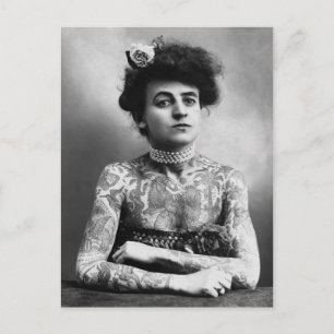 Tätowierte Dame - Frau mit Tätowierungen - vintage Postkarte