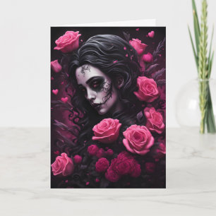 Tätowierte Goth-Frau rosa und rote Blumen Valentin Karte