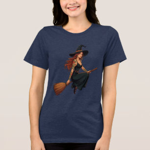 Tätowierte Hexe saß rittlings auf einem Besen Vekt Tri-Blend Shirt