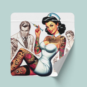 Tätowierte Krankenschwester Pin-up Quadratischer Aufkleber