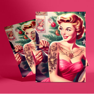 Tätowierte Weihnachts-Pin-up Postkarte