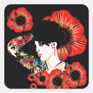 Tätowiertes Mädchen unter Mohnblumen Kunst von Lea Quadratischer Aufkleber