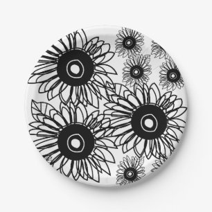 Tätowierung Sonnenblume Floral Schwarz Weiß Tätowi Pappteller