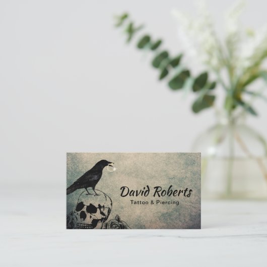 Tätowierung und Piercing Gothic Crow Skull & Rose Visitenkarte (Stehend Vorderseite)