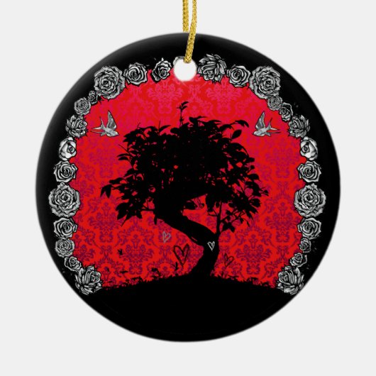 Tätowierungs-Rosen-Bonsais-Baum der Liebe-Schwalbe Keramik Ornament (Vorne)