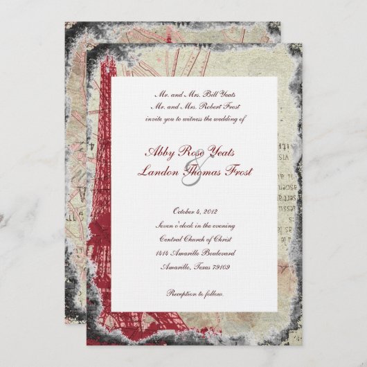 Tattered rote Paris-Eiffelturm-Hochzeits-Einladung Einladung (Vorne/Hinten)