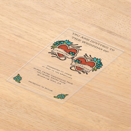 Tattoed Hearts Tattoo Grafische Hochzeit Acryleinladungen (Ablage )